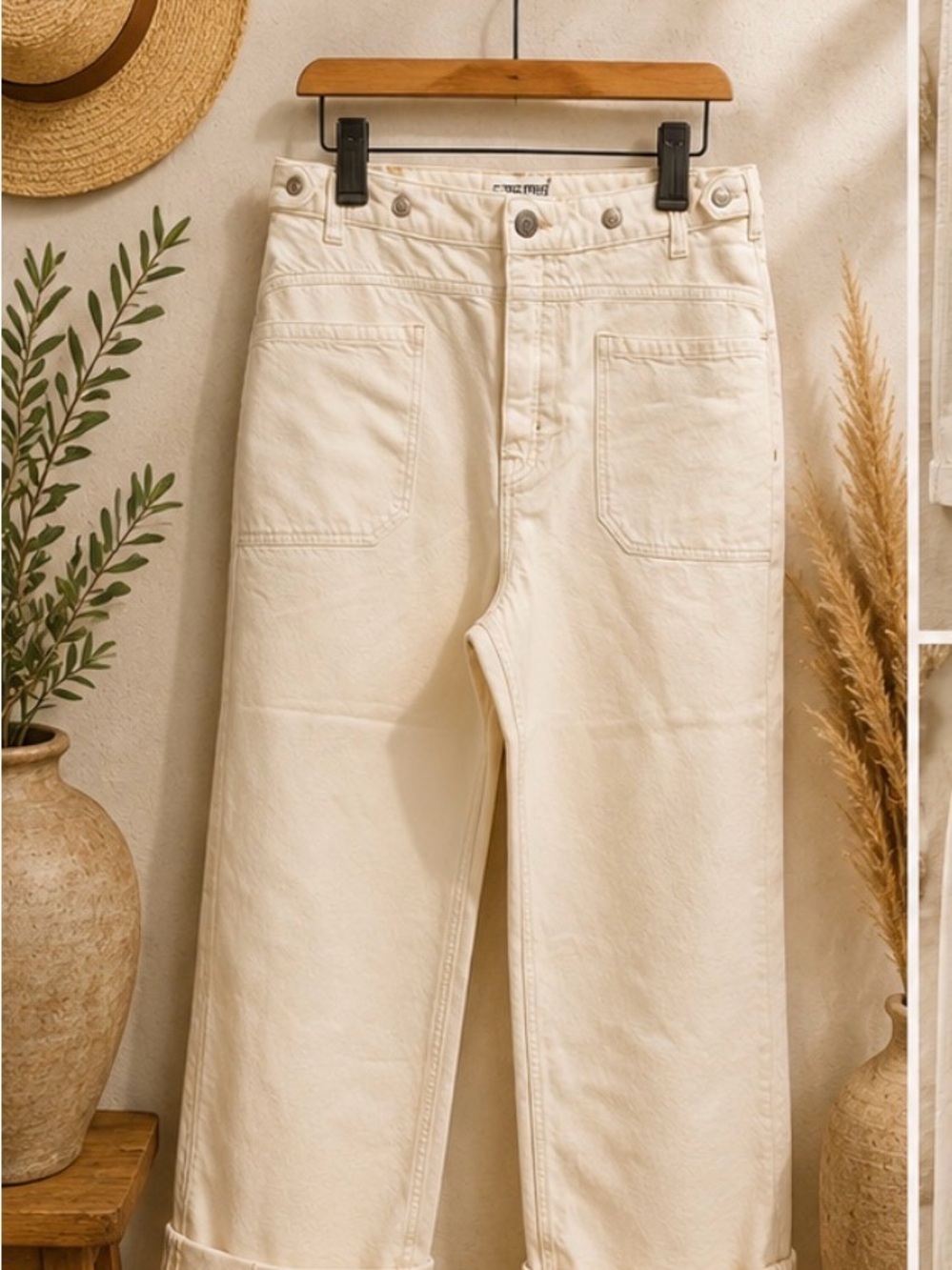 Free People We The Free Palmer Cuffed Baggy Jeans Cream Ivory Wide Leg -NWT